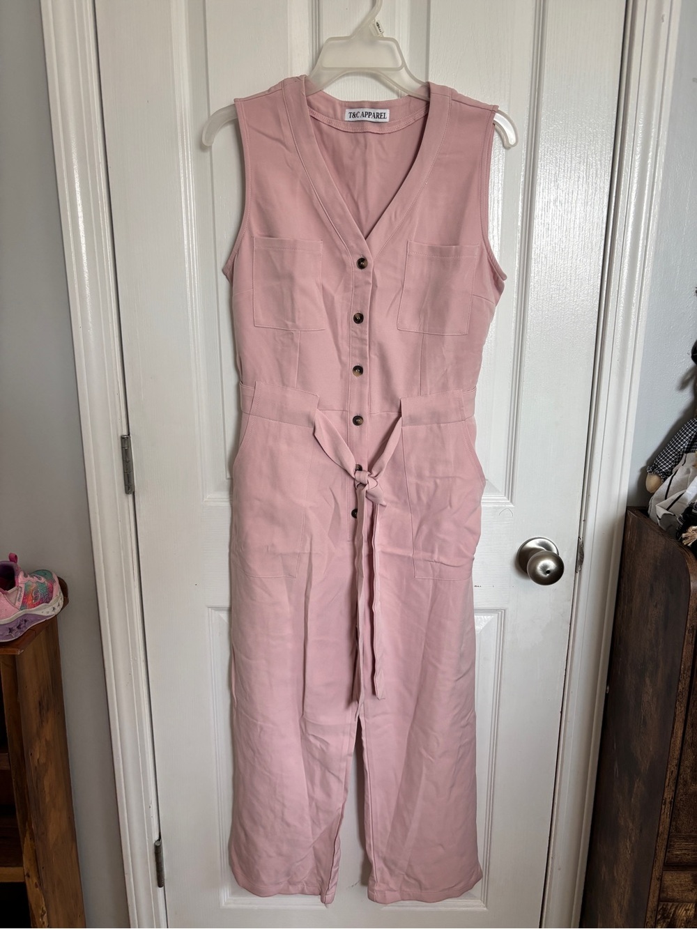 Sleeveless Pink Utility Jumpsuit with Tie Waist by TLC Apparel